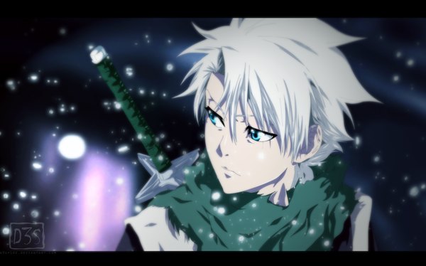 Anime picture 1645x1028 with bleach studio pierrot hitsugaya toushirou schwarrtz single short hair blue eyes wide image white hair traditional clothes japanese clothes coloring portrait light snowing letterboxed boy weapon sword kimono