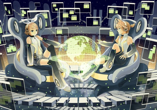 Anime picture 2480x1748 with vocaloid vocaloid append kagamine rin kagamine len kagamine rin (append) kagamine len (append) suya (suya000) highres short hair blue eyes blonde hair smile sitting looking away profile outstretched arm twins brother and sister girl boy