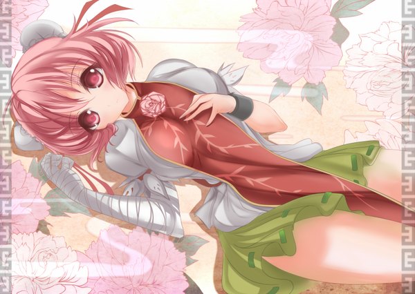 Anime picture 1600x1136 with touhou ibaraki kasen marionette (excle) single short hair red eyes red hair hair bun (hair buns) girl flower (flowers) bandage (bandages)