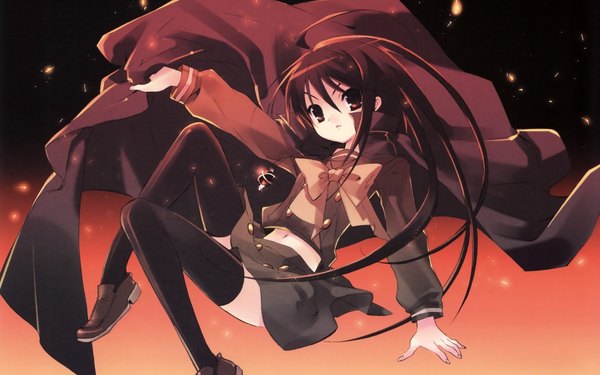 Anime picture 1920x1200 with shakugan no shana j.c. staff shana itou noiji single long hair looking at viewer highres brown hair wide image brown eyes ahoge scan official art bare belly weightlessness girl thighhighs black thighhighs serafuku