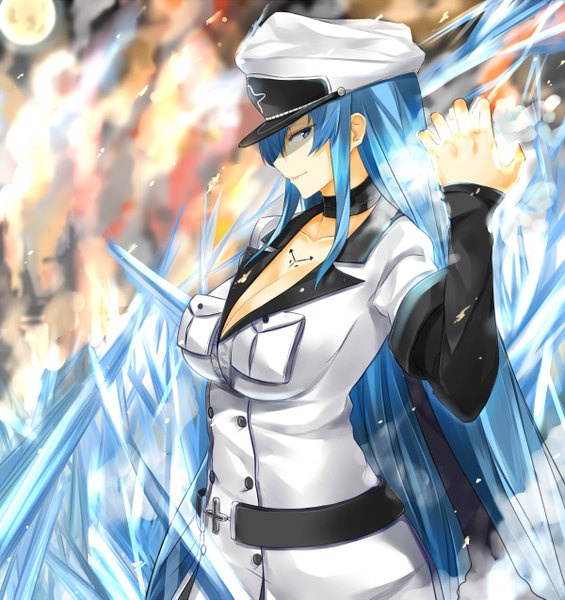Anime picture 1200x1275 with akame ga kill! white fox esdeath isshiki (ffmania7) single long hair tall image breasts blue eyes smile blue hair looking away cleavage smirk girl uniform belt military uniform flat cap ice