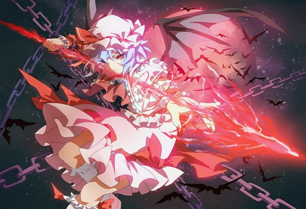 Anime picture 1120x766 with touhou remilia scarlet kumio single short hair red eyes blue hair red moon girl dress weapon wings frills chain bonnet spear bat spear the gungnir