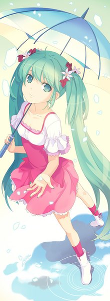 Anime picture 367x1000 with vocaloid melt (vocaloid) hatsune miku h2so4 single long hair tall image twintails green eyes nail polish hair flower green hair light smile from above ripples girl dress skirt hair ornament flower (flowers)