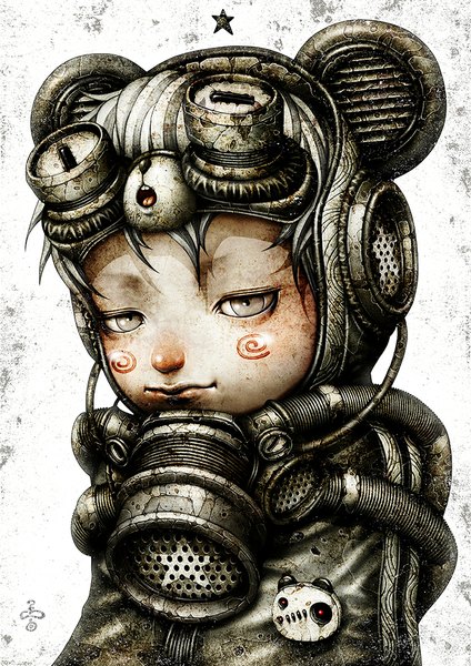 Anime picture 724x1024 with original shichigoro tall image animal ears head tilt lips grey hair grey eyes goggles on head bear ears cyberpunk star (symbol) goggles helmet badge hose respirator