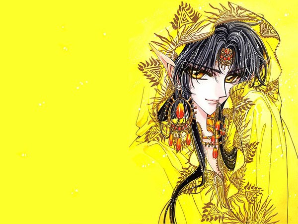Anime picture 1024x768 with rg veda clamp ashura single long hair black hair simple background yellow eyes pointy ears face yellow background boy earrings hood jewelry