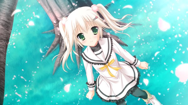 Anime picture 1280x720 with hatsuyuki sakura sirokuma moribe (rabumanyo) long hair blush wide image twintails green eyes game cg white hair loli girl uniform school uniform petals