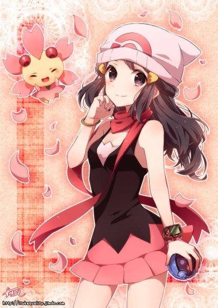 Anime picture 860x1214 with pokemon pokemon dppt nintendo dawn (pokemon) cherrim kisaragi itsuka (aufheben) single long hair tall image looking at viewer black hair smile bare shoulders signed black eyes pink background gen 4 pokemon girl flower (flowers) petals