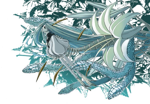 Anime picture 1200x835 with original rinko (mg54) blue hair very long hair skeleton girl flower (flowers) animal snake