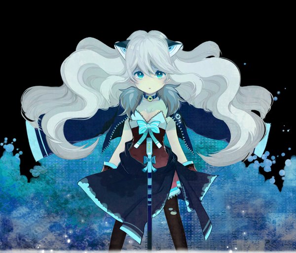 Anime picture 1600x1371 with vocaloid seeu gombang single long hair looking at viewer open mouth aqua eyes wind grey hair tears sad girl thighhighs dress gloves hair ornament bow black thighhighs jacket
