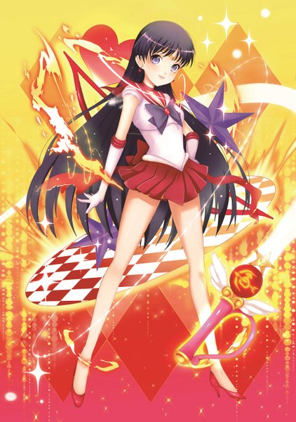 Anime picture 985x1400 with bishoujo senshi sailor moon toei animation hino rei sailor mars wang jiabo single long hair tall image looking at viewer blush fringe black hair smile purple eyes hand on hip girl gloves earrings elbow gloves white gloves