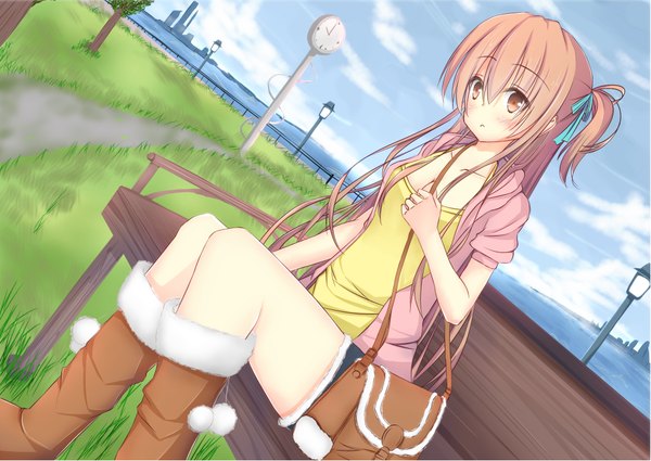 Anime picture 1020x724 with original shirotaso0818 single long hair blush brown hair sitting brown eyes cloud (clouds) girl plant (plants) boots bag grass bench