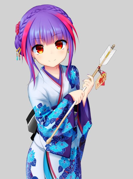 Anime picture 945x1271 with original basa rutan single long hair tall image looking at viewer blush fringe simple background smile payot pink hair purple hair braid (braids) traditional clothes japanese clothes multicolored hair grey background wide sleeves two-tone hair