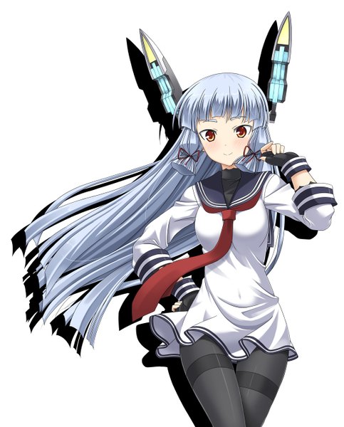 Anime picture 1080x1340 with kantai collection murakumo destroyer rappa (rappaya) single long hair tall image looking at viewer blush fringe simple background smile white background brown eyes silver hair blunt bangs wind shadow hand on hip thighs covered navel