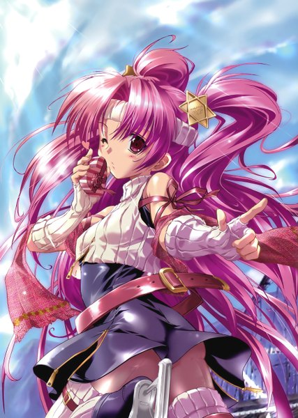 Anime picture 960x1348 with maburaho j.c. staff miyama yuuna komatsu eiji single long hair tall image blush red eyes twintails pink hair one eye closed wink scan girl dress gloves hair ornament hairband scarf