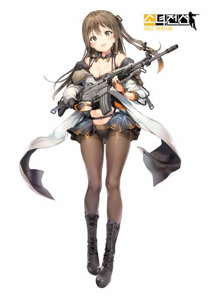 イラスト 2876x4096 と ドールズフロントライン k-2 (girls frontline) anmi ソロ 長髪 長身像 カメラ目線 赤面 前髪 highres おっぱい 開いた口 light erotic simple background 笑顔 hair between eyes 茶色の髪 立つ 白背景 肩出し