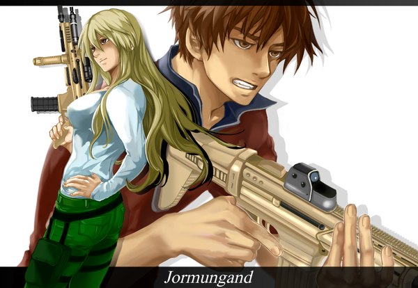 Anime picture 1130x780 with jormungand white fox long hair short hair blonde hair brown hair brown eyes girl boy weapon gun assault rifle