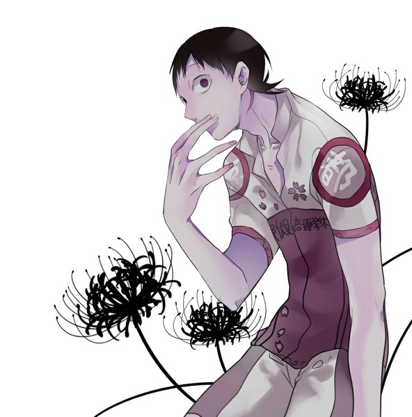 Anime picture 946x960 with yowamushi pedal midousuji akira yomimatigai single tall image looking at viewer short hair black hair simple background white background purple eyes open collar boy uniform flower (flowers) gym uniform higanbana