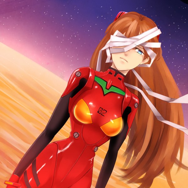 Anime picture 1000x1000 with neon genesis evangelion gainax soryu asuka langley asanome single long hair blue eyes brown hair girl bodysuit bandage (bandages)