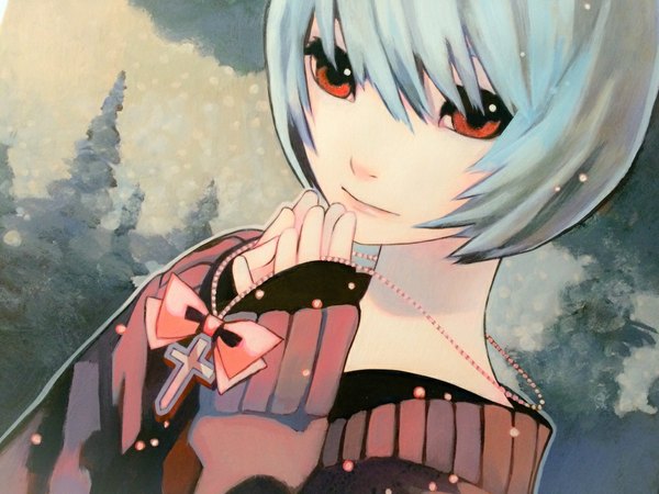 Anime picture 1024x768 with neon genesis evangelion gainax ayanami rei ootsuki kana single looking at viewer fringe short hair red eyes blue hair dutch angle portrait snowing girl plant (plants) tree (trees) pendant sweater cross cross necklace