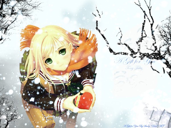 Anime picture 1600x1200 with original tony taka single long hair looking at viewer blush blonde hair smile green eyes pleated skirt light smile from above plaid skirt snowing winter snow valentine girl skirt uniform
