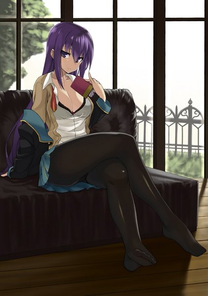 Anime picture 808x1148 with gj-bu doga kobo sumeragi shion maou single long hair tall image breasts light erotic sitting purple eyes cleavage purple hair no shoes legs crossed legs girl pantyhose black pantyhose couch
