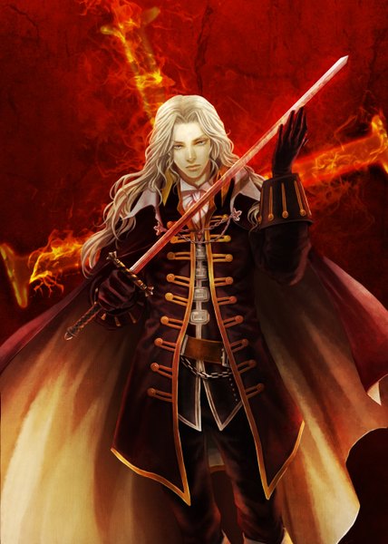 Anime picture 1000x1400 with castlevania castlevania: symphony of the night konami alucard (castlevania) tetra takamine single long hair tall image looking at viewer blue eyes blonde hair standing holding boy gloves weapon sword belt chain pants