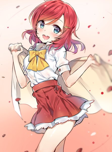 Anime picture 750x1012 with love live! school idol project sunrise (studio) love live! nishikino maki yuran (cozyquilt) single long hair tall image looking at viewer blush open mouth blue eyes holding red hair depth of field girl skirt hair ornament miniskirt shirt