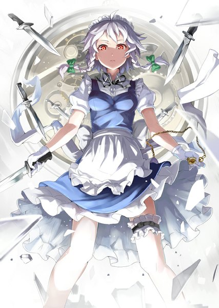 Anime picture 735x1032 with touhou izayoi sakuya emerane single tall image short hair red eyes silver hair braid (braids) maid twin braids girl dress bow hair bow frills headdress maid headdress clock knife