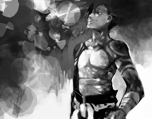 Anime picture 1280x1000 with tengen toppa gurren lagann gainax kamina rgb single black hair red eyes light smile tattoo hand on hip monochrome looking up topless boy bandage (bandages)