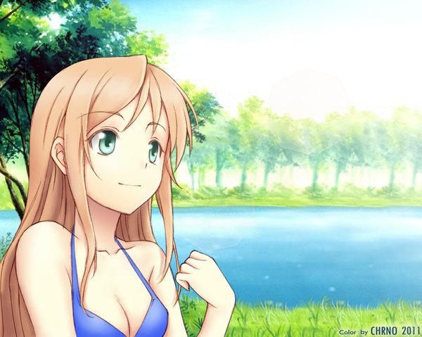 Anime picture 1024x819 with lchrno single long hair smile brown hair signed looking away sky wallpaper 2011 girl swimsuit plant (plants) bikini tree (trees) water grass