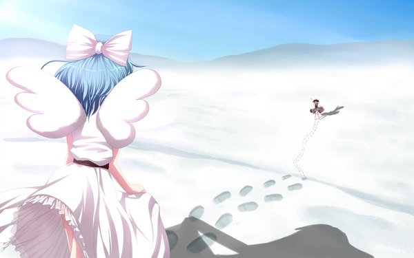 Anime picture 1920x1200 with touhou mai (touhou) yuki (touhou) mille (dieci) highres short hair wide image multiple girls blue hair from behind desert girl dress bow 2 girls hair bow wings