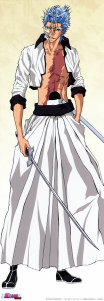 Anime picture 1780x5115 with bleach studio pierrot grimmjow jeagerjaques single tall image highres short hair blue eyes blue hair scar espada boy weapon sword katana mask