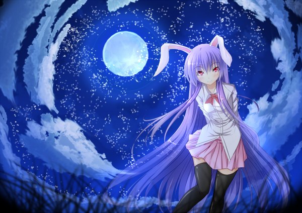 Anime picture 1500x1061 with touhou reisen udongein inaba inu3 single long hair smile red eyes purple hair cloud (clouds) bunny ears night sky bunny girl girl thighhighs skirt black thighhighs miniskirt moon