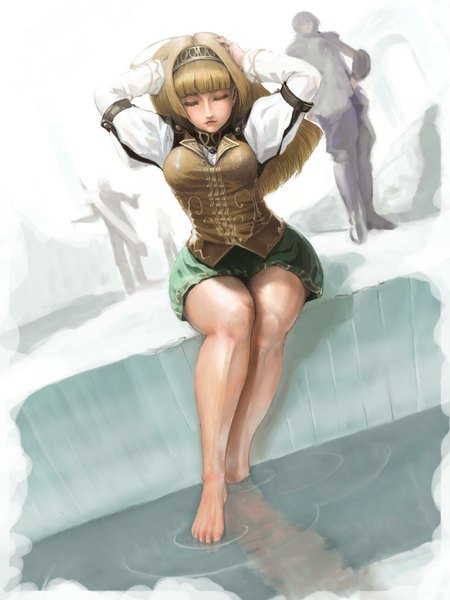 Anime picture 1200x1600 with valkyrie profile alicia tagme (artist) tall image fringe blonde hair sitting eyes closed barefoot arms behind head silhouette fog girl skirt miniskirt water people