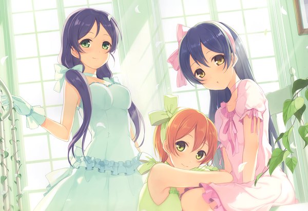 Anime picture 4228x2899 with love live! school idol project sunrise (studio) love live! toujou nozomi sonoda umi hoshizora rin 6u (eternal land) long hair looking at viewer blush fringe highres short hair breasts smile hair between eyes standing sitting twintails multiple girls