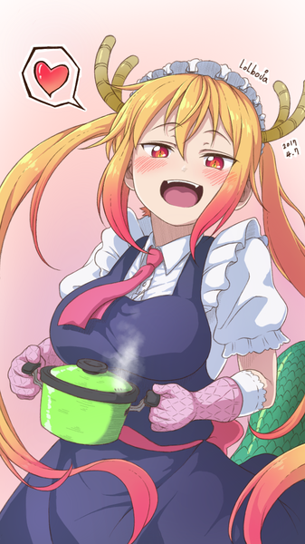 Anime picture 720x1280 with kobayashi-san chi no maidragon kyoto animation tooru (maidragon) lolboja single long hair tall image looking at viewer blush fringe breasts open mouth blonde hair simple background hair between eyes red eyes twintails holding signed payot