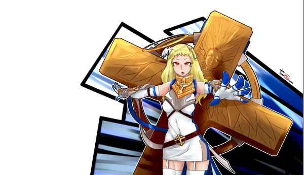 Anime picture 3000x1736 with dungeon and fighter caooll (co-ohol) single long hair looking at viewer blush highres open mouth simple background blonde hair red eyes wide image white background girl gloves elbow gloves belt garter straps halo