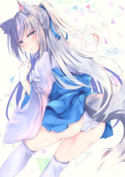 Anime picture 1417x2000 with original chita (ketchup) single long hair tall image looking at viewer blush fringe open mouth light erotic standing white background signed animal ears payot silver hair ass tail traditional clothes parted lips