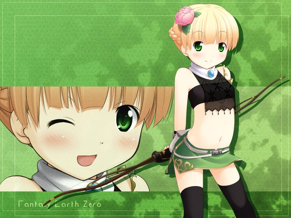 Anime picture 1600x1200 with fantasy earth zero inuarashi single looking at viewer blush fringe short hair open mouth blonde hair smile standing bare shoulders green eyes blunt bangs one eye closed hair flower bare belly loli hands behind back girl