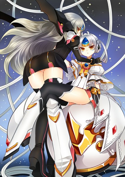 Anime picture 710x1000 with elsword eve (elsword) kokutou mimi long hair tall image looking at viewer fringe short hair light erotic sitting multiple girls yellow eyes silver hair bare legs couple crossed legs facial mark looking down girl dress