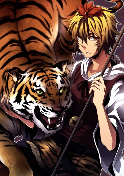 Anime picture 2480x3507 with touhou toramaru shou rex k tall image highres short hair blonde hair yellow eyes absurdres japanese clothes teeth fang (fangs) girl hair ornament weapon shawl polearm tiger