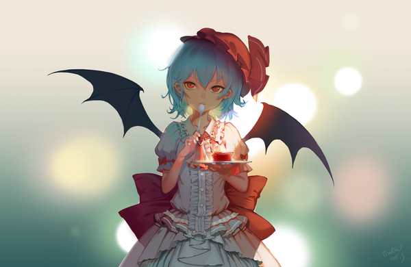 Anime picture 1920x1248 with touhou remilia scarlet bridow single fringe highres short hair red eyes holding signed blue hair looking away short sleeves depth of field dated light eating bat wings girl dress