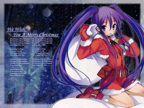 Anime picture 1280x960 with fringe hair between eyes twintails purple hair fur trim belt fur santa claus costume mantle