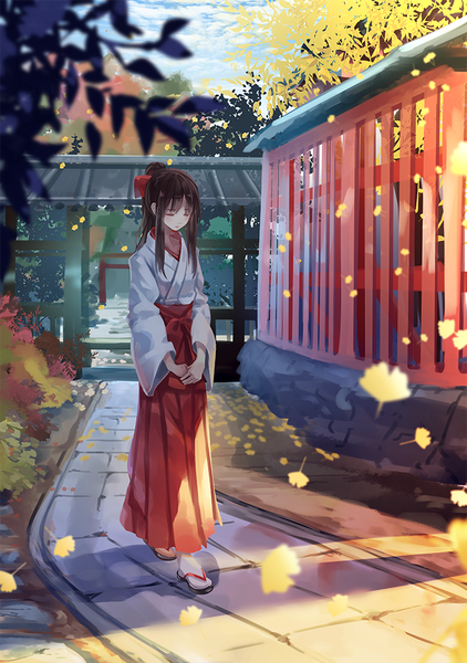 Anime picture 703x1000 with original yasuno (airy light) single long hair tall image brown hair eyes closed traditional clothes miko walking autumn girl plant (plants) tree (trees) leaf (leaves) geta