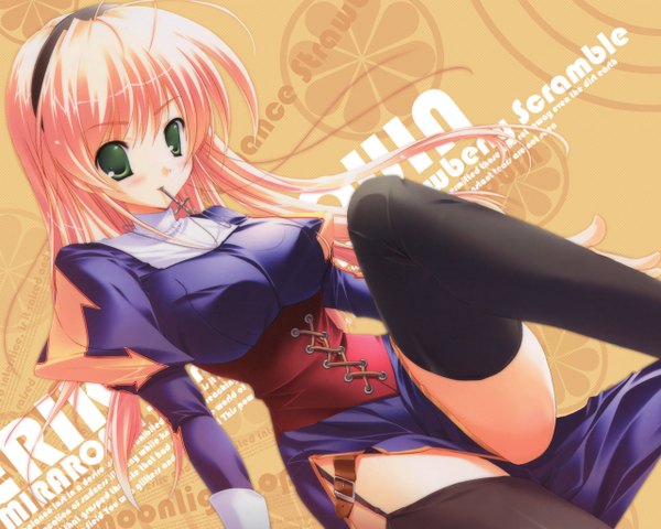 Anime picture 1280x1024 with miraroma marmalade (studio) seihouin erika mikeou single long hair looking at viewer blush fringe breasts light erotic blonde hair large breasts sitting holding green eyes pink hair wallpaper character names text