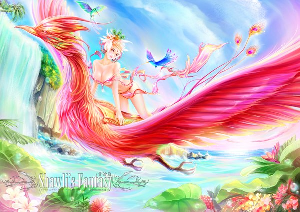 Anime picture 1920x1357 with original shawli highres short hair light erotic blonde hair sky cloud (clouds) pink eyes lips realistic inscription fantasy waterfall girl navel flower (flowers) plant (plants) earrings animal