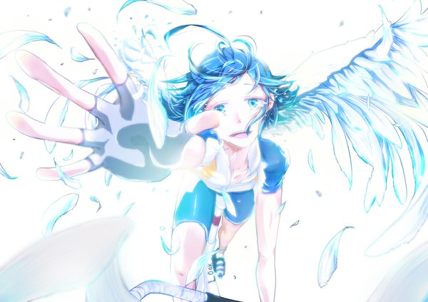 Anime picture 1000x708 with yowamushi pedal sangaku manami booooon single looking at viewer open mouth blue eyes blue hair tears outstretched arm boy gloves uniform wings fingerless gloves gym uniform ground vehicle bicycle