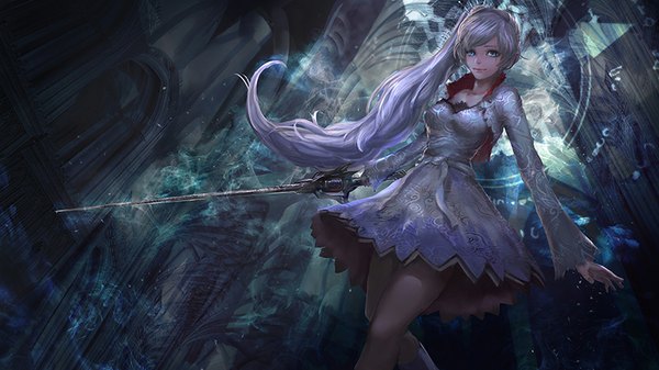 Anime picture 800x450 with rwby rooster teeth weiss schnee cglas single long hair fringe blue eyes smile wide image standing holding silver hair purple hair outstretched arm magic facial mark side ponytail girl dress