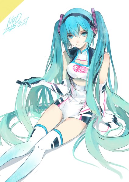 Anime picture 2480x3507 with vocaloid goodsmile racing hatsune miku racing miku messikid single tall image looking at viewer highres simple background white background sitting twintails signed very long hair aqua eyes from above aqua hair dated girl
