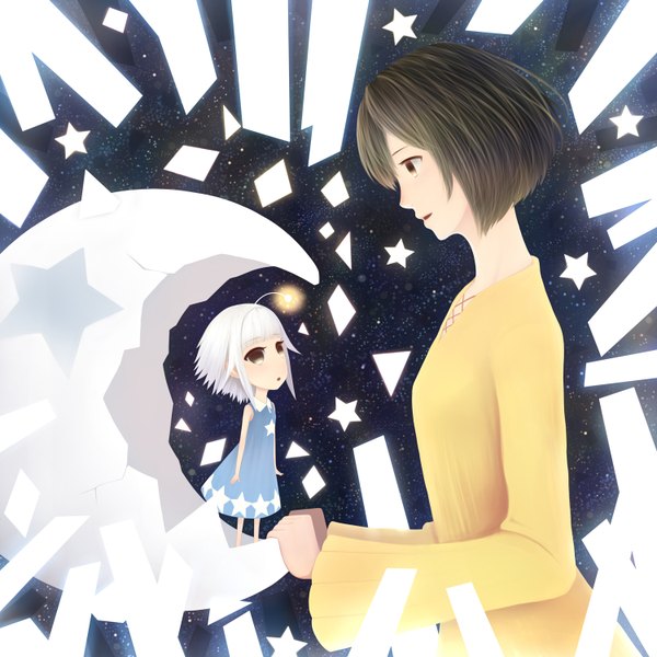 Anime picture 1500x1500 with original bounin short hair black hair brown eyes white hair girl star (symbol) star (stars) sundress